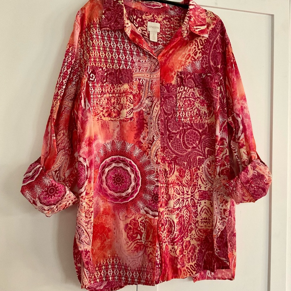 RED PRINT BLOUSE TOP CHICOS NWOT SIZE 3 14/16